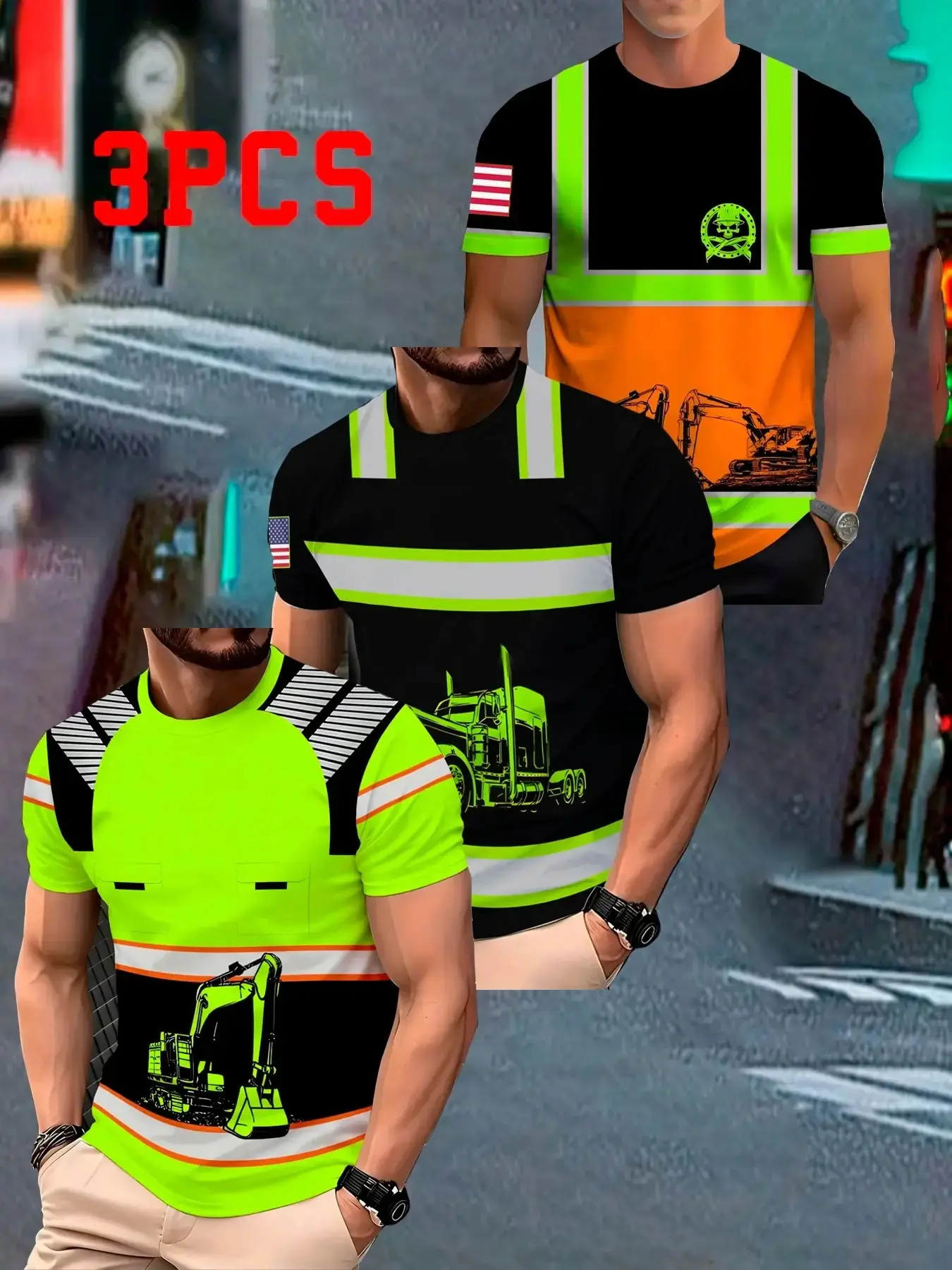 Large Size 3-Pack Construction T-Shirts, Plus Size Men's Workwear, Menswear, Excavator Print Short Sleeve Round Neck, Casual Loose-Fit, All Seasons