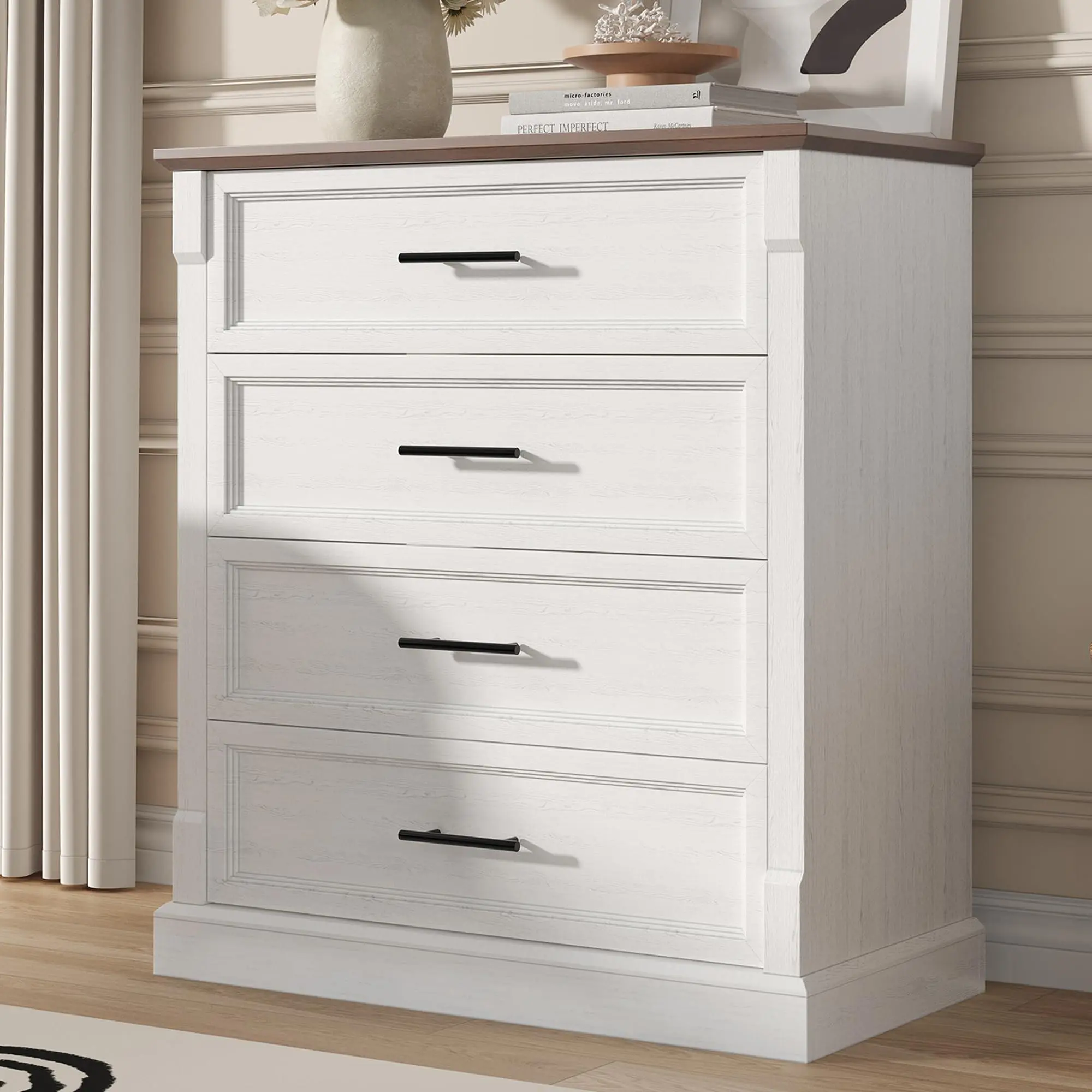 White Farmhouse 4-Drawer Tall Dresser with Large Drawers and Bar Handles for Bedroom, Living Room