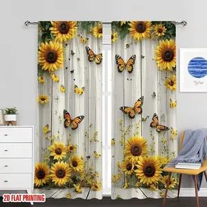 Sunflower Butterfly Print Curtains, Sheer Printed Curtains, Fashionable Rod Pocket Window Drapes for Kids Room Bedroom Living Room, Easy Installation, Living Room Decor, Window Decoration