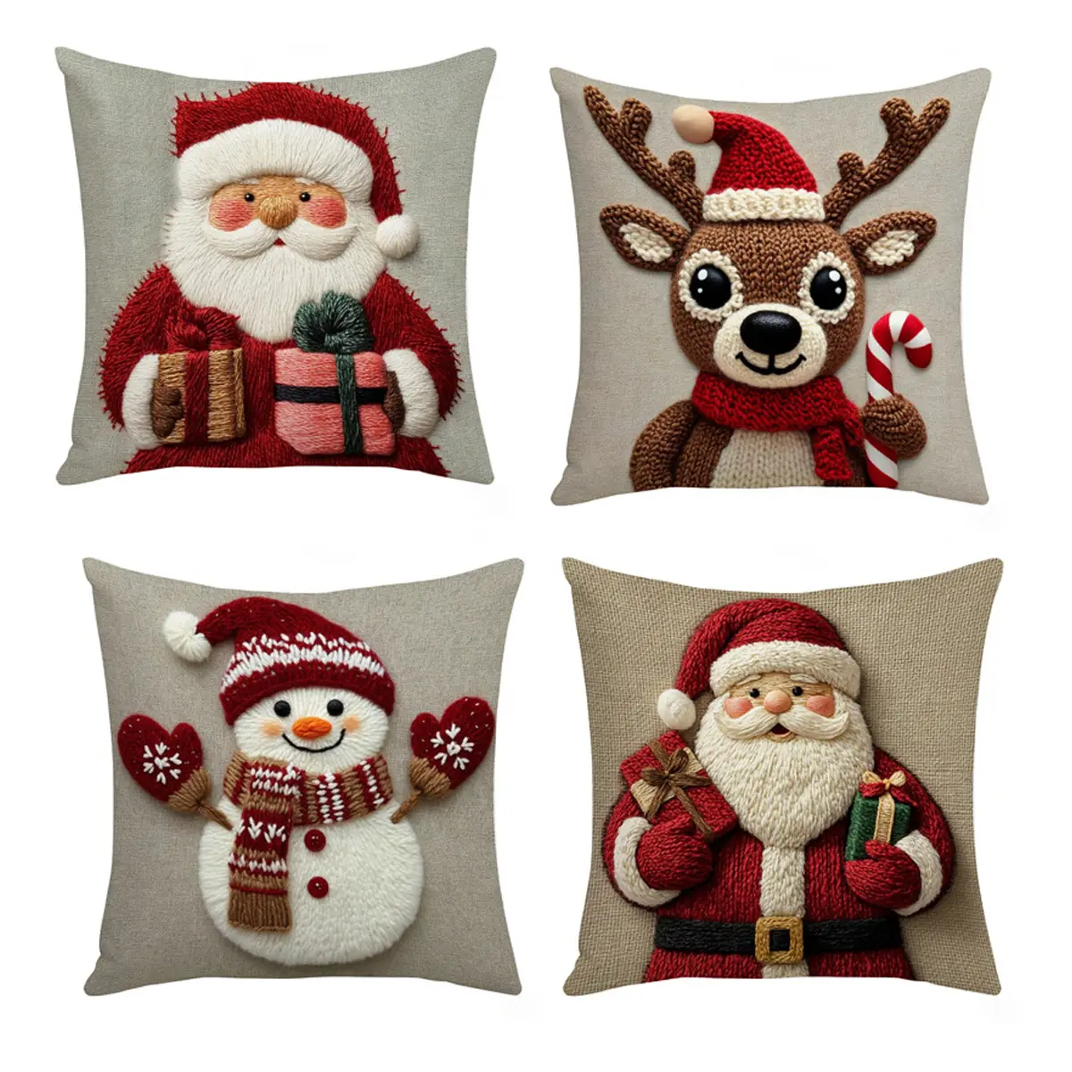 4-Piece Holiday Christmas Pillowcase Set (No Pillow Core) - Santa Claus, Snowman, Reindeer, and Candy Cane Patterns - Polyester Material, Zippered, Machine Washable - Suitable for Living Room and Sofa Decoration, Home Decorative Cushion Cover