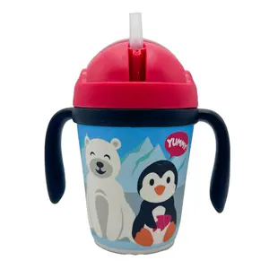 Primo Passi Bamboo Fiber Kids Cup With Handle/Straw Winter Friends Penguin Polar Water Bottles Reusable Eco-Friendly Dishwasher Safe