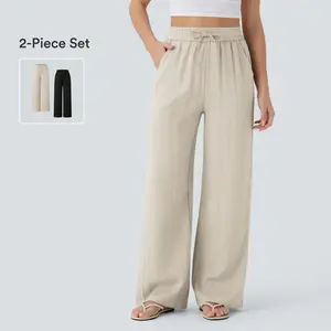 Halara 2-Piece High Waisted Drawstring Pocket Wide Leg Baggy Casual Linen-Feel Pants Set