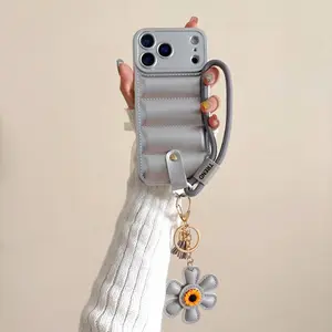 Case For iPhone 16 Pro Max 17 Air 16E 17 15 14 13 12 11 Pro Max 15 Plus Wrist Chain Strap Puffer Down Jacket Soft TPU Back Cover