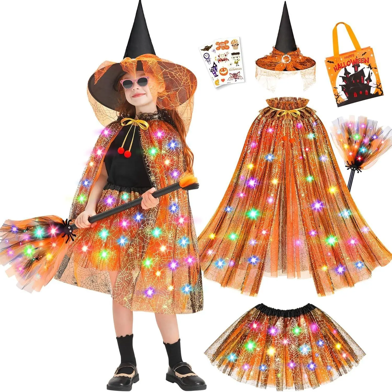 F-CPA02  Witch Costume for Girls Halloween Costumes,Light up Halloween Dress up Witch Cape Skirt Broom for Girl 3 4 5 6