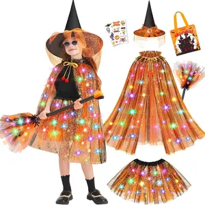 F-CPA02  Witch Costume for Girls Halloween Costumes,Light up Halloween Dress up Witch Cape Skirt Broom for Girl 3 4 5 6