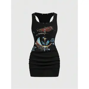 Women's 2026 Retro Punk Graphic Short Pleated Mini Dress - Starry Sky Rivet Stud Print, Slim Tight Silhouette, Halloween-Friendly, Breathable Fabric - Trendy Hip Hop Casual Outfit for Spring Summer