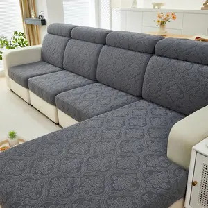 Elastic Sofa Cover Deep Gray Leaf Texture Stretch Slipcover Non Slip Waterproof Dustproof Sofa Protector Furniture Protector for L Shape Couches All Seasons