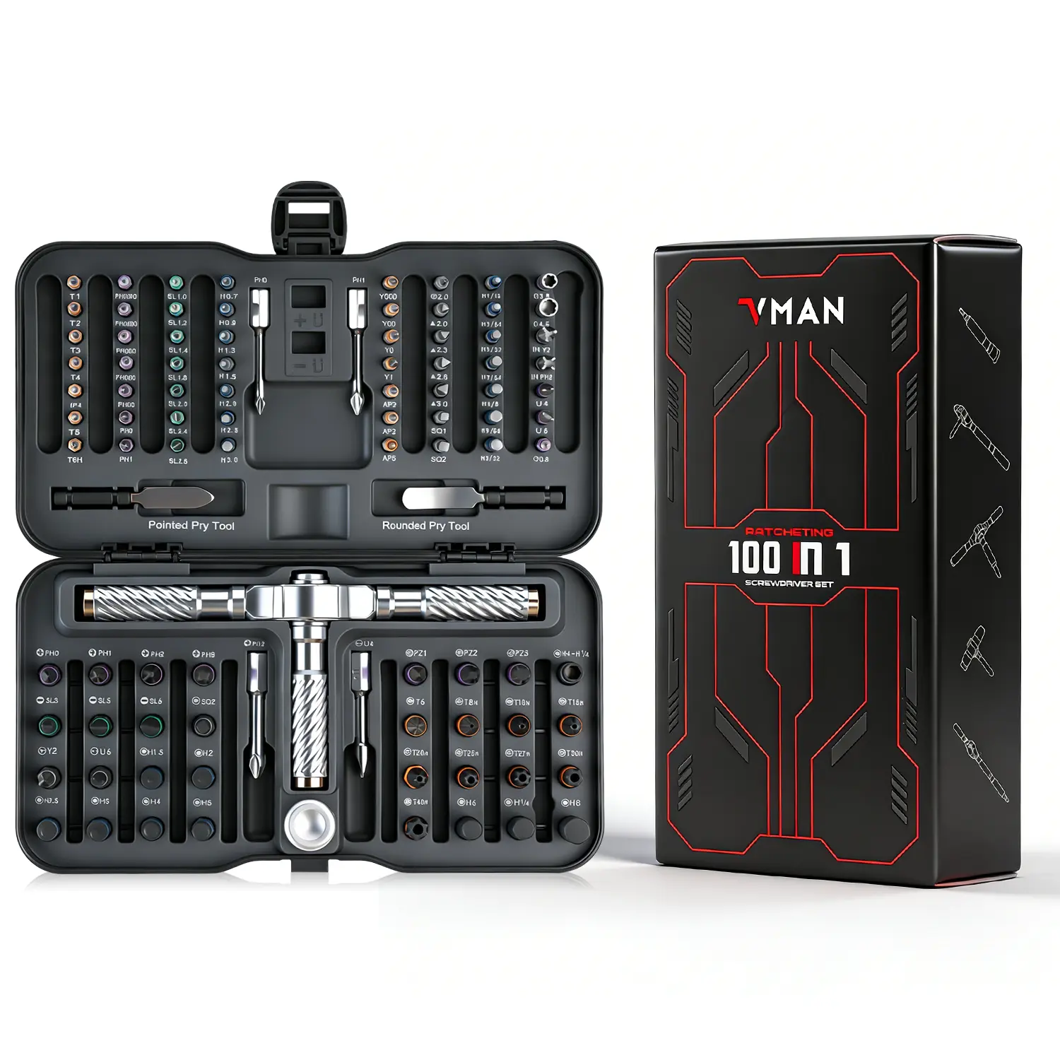 VMAN Precision 100-in-1 Compact Multi Tool Kit - Portable Work Gear, Hex Bit Set & Accessories for DIY Maintenance, Outdoor Activities, EDC Gear, Tools and Gadgets