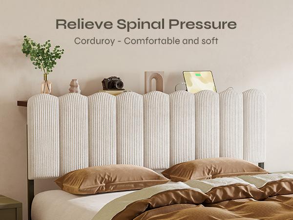 Pinmoco Upholstered Headboard with Storage Shelf, Type-C and USB Charging Station, Modern Beige Striped Velvet【Headboard Only】