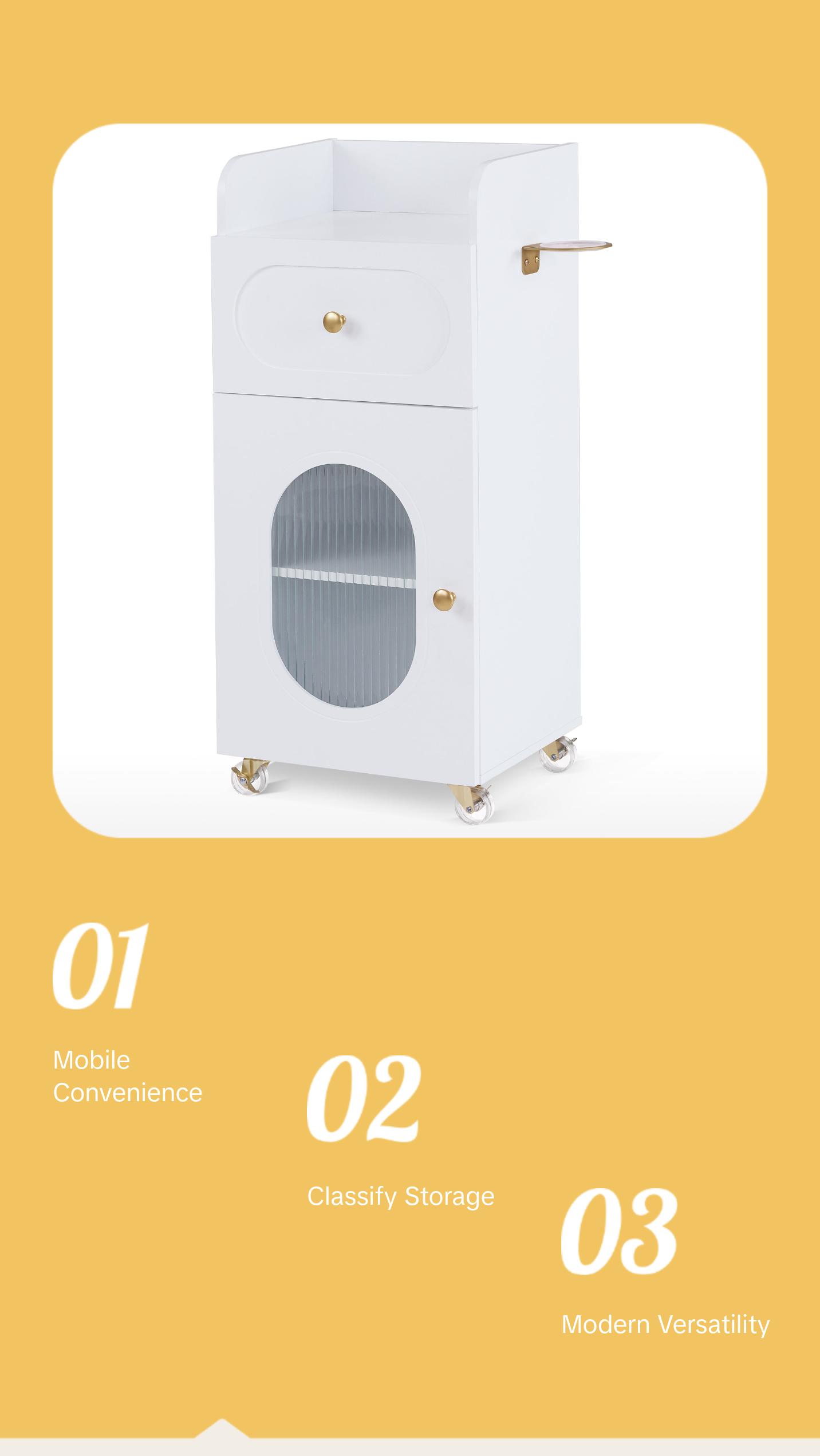 BarberPub Salon Rolling Trolley Cart with Oval Window, Barber Styling Cart with White Paint Finish 2498