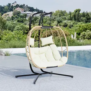 TikTokShopSpringGlowUp Double Hanging Egg Swing Chair, Rattan Woven Patio Swing with Thick Cushion & Foldable Design, 600LBS Rustproof Frame for Indoor Outdoor Lounge"