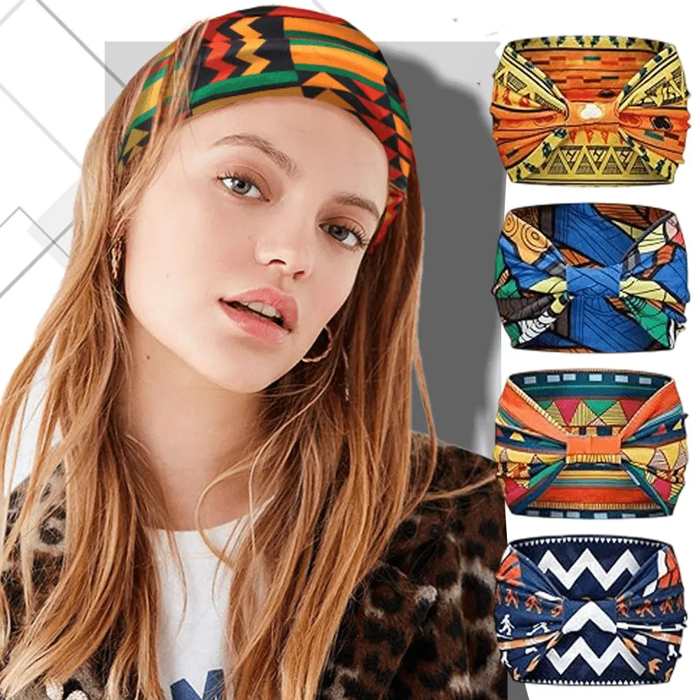 4pcs Bohemian African Knot Headbands for Women - Non-Slip Yoga Hairbands with Vibrant Geometric & Tribal Print, Wide Sport Headbands for Workouts, Festivals, Graduations, Graduation Headband | Colorful Fashion Accessory | Durable Fabric Band tiktokshopspr