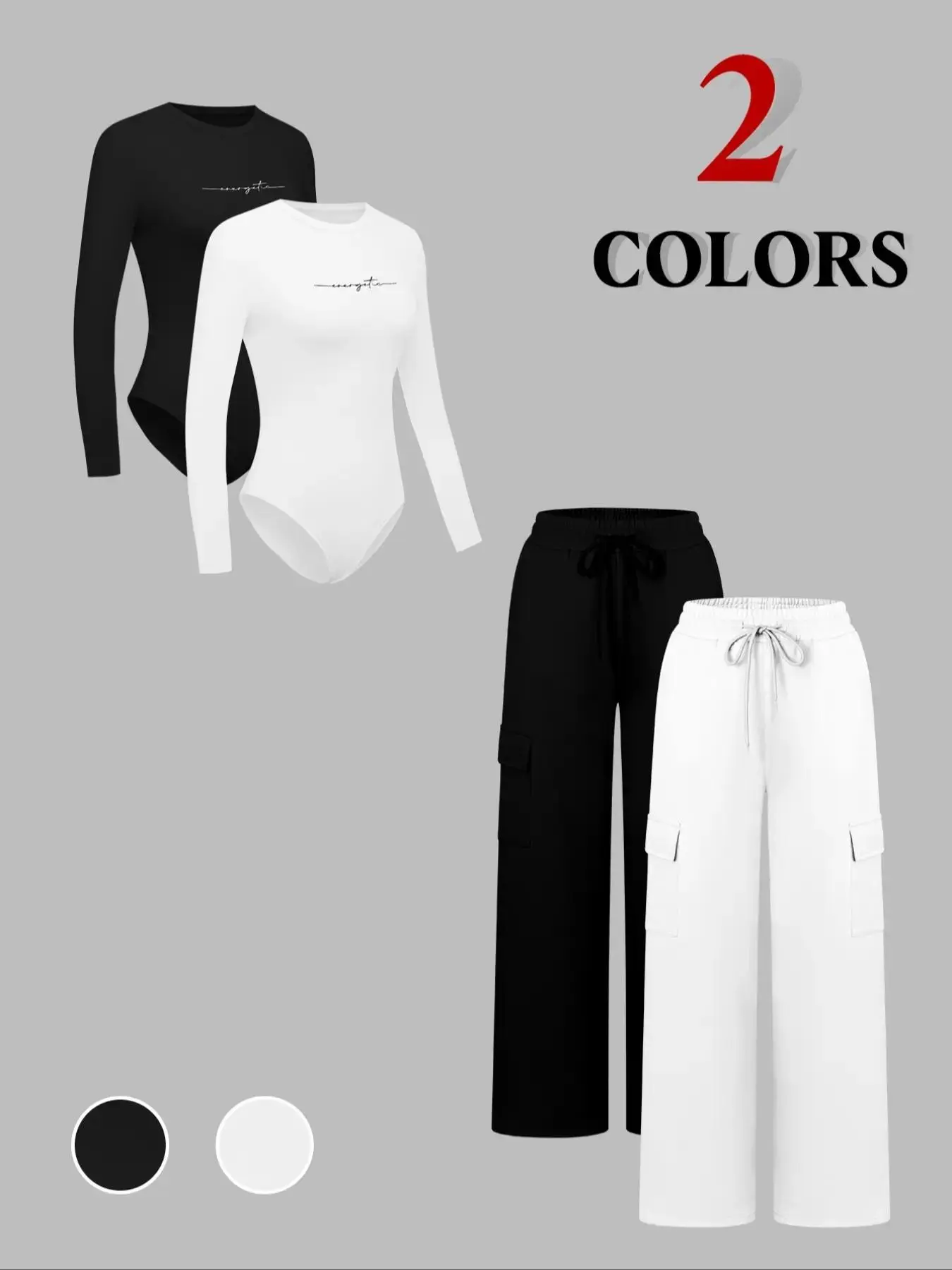 Women's Solid Jersey Soft Long Sleeve Bodysuit with Adjustable Drawstring Waist Pants Set, Casual Round Neck Matching Two-Piece for Daily Everyday Wear, versatile piece, trending now