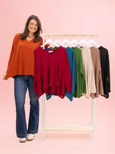 Women's Waffle Knit V-Neck Handkerchief Hem Top by DD Design, S-3XL