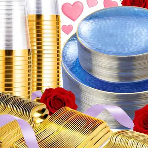 70-Piece Blue Plastic Plate Knife Fork Spoon Set, Gold Trimmed Plates, Hammered Transparent Plates, Perfect for Parties Weddings Birthdays, Festival Party Tableware