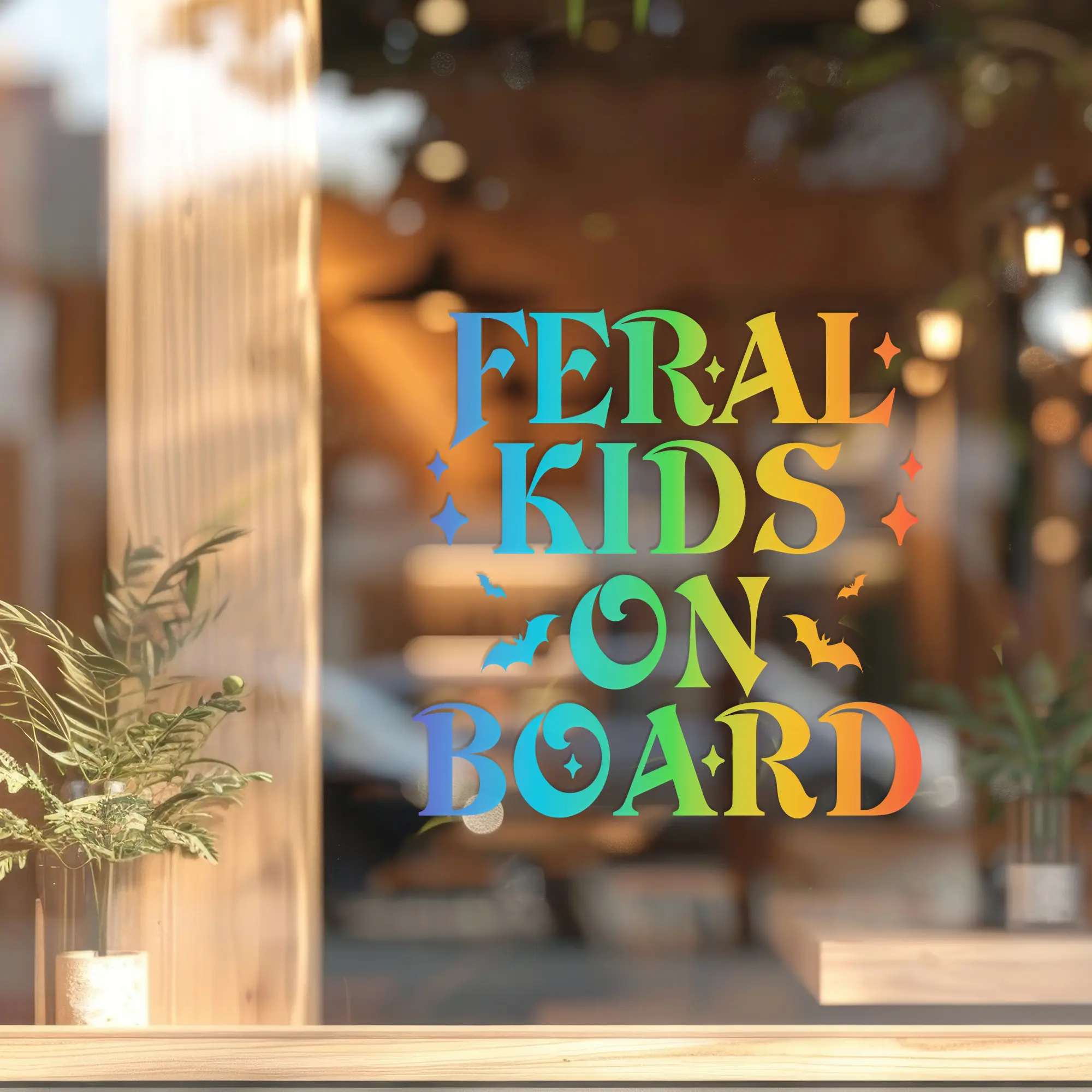 Feral Kids on Board Car Sticker, Holographic 6x6 Inches Waterproof Die Cut Vinyl Truck Decal for Window, Car, Bumper