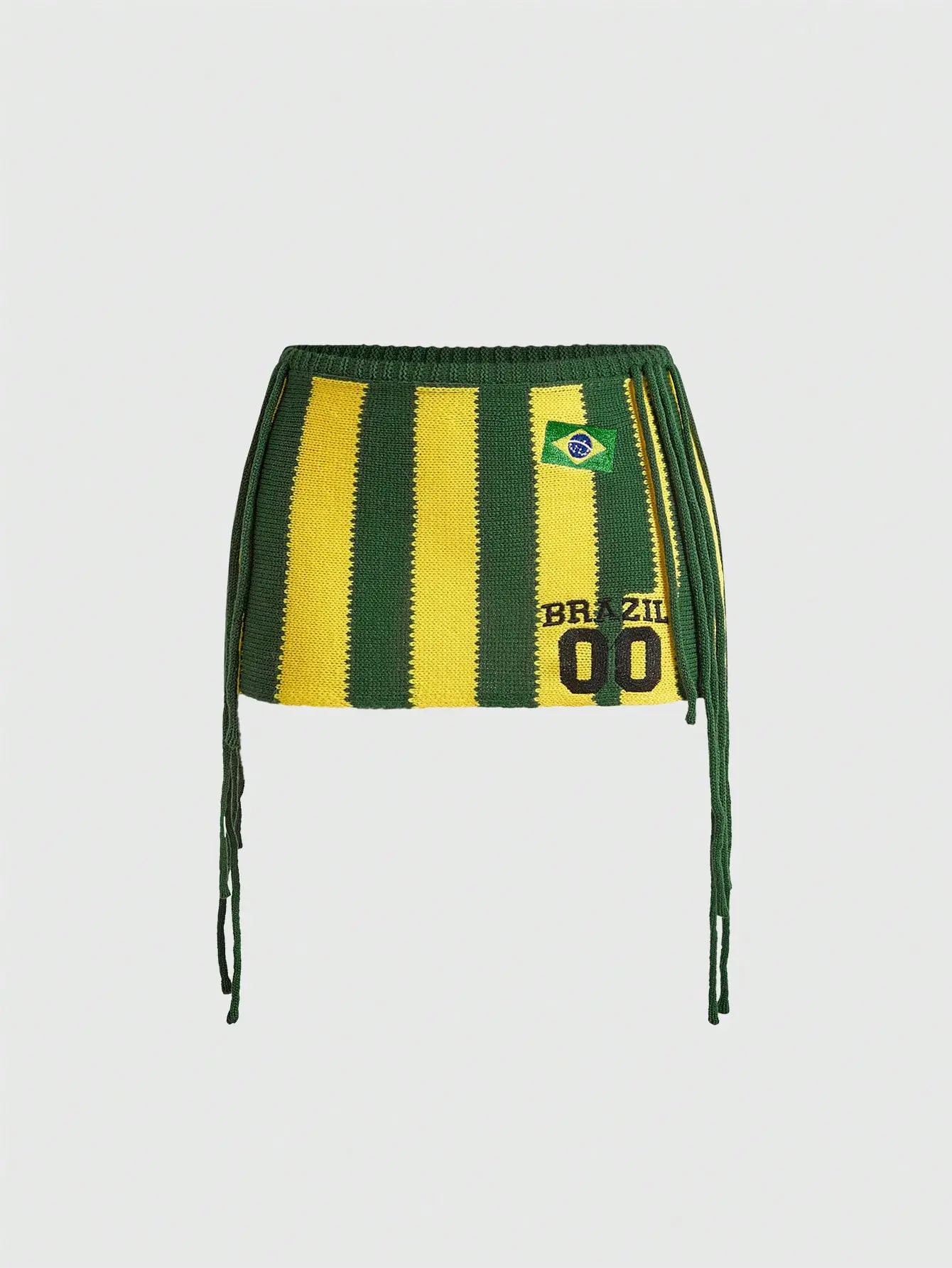 ZESTY Women Festa Junina 2 Piece Set Brazil Tournament Top Colorblock Stripe Fringe Embroidered Design Crochet Mini Knit Skirt
