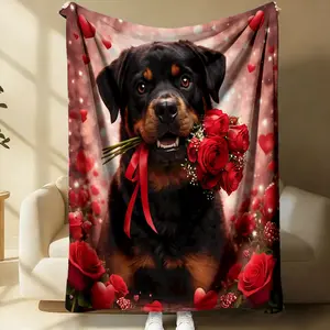 gentle loyal puppy red ribbon rose mouth Flannel Blanket,White baby's breath pink dream red hearts and roses, Soft Fluffy Warm Blanket,Outdoor Sports Blanket,Gift Blanket, Throw Blanket, Suitable Living Rooms,Sofas,Offices,Camping,Travel