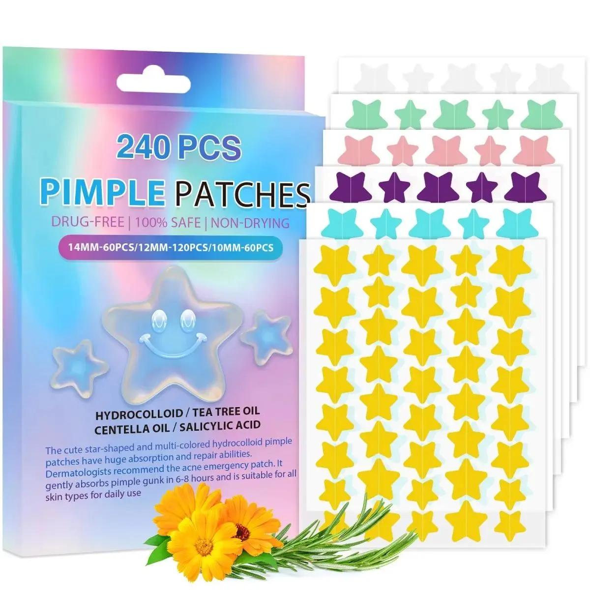 Pimple Patches for Face 240CT,3 Sizes Hydrocolloid Acne Patches,Cute Star Zit Patches with Tea Tree Oil,Salicylic Acid and Centella Extract,Colorful Face Spot Stickers