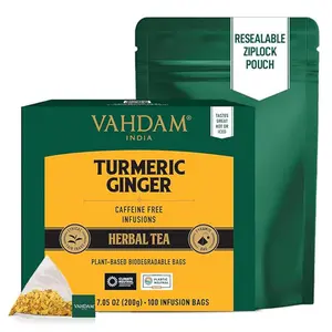 VAHDAM, Turmeric Ginger Herbal Tea Bags (100 Tea Bags) Caffeine Free, Non GMO, Gluten Free | 100% Pure Herbal Blend - Savory & Spicy | Plant-Based Whole Loose-Leaf Tea Bags | Resealable Ziplock Pouch