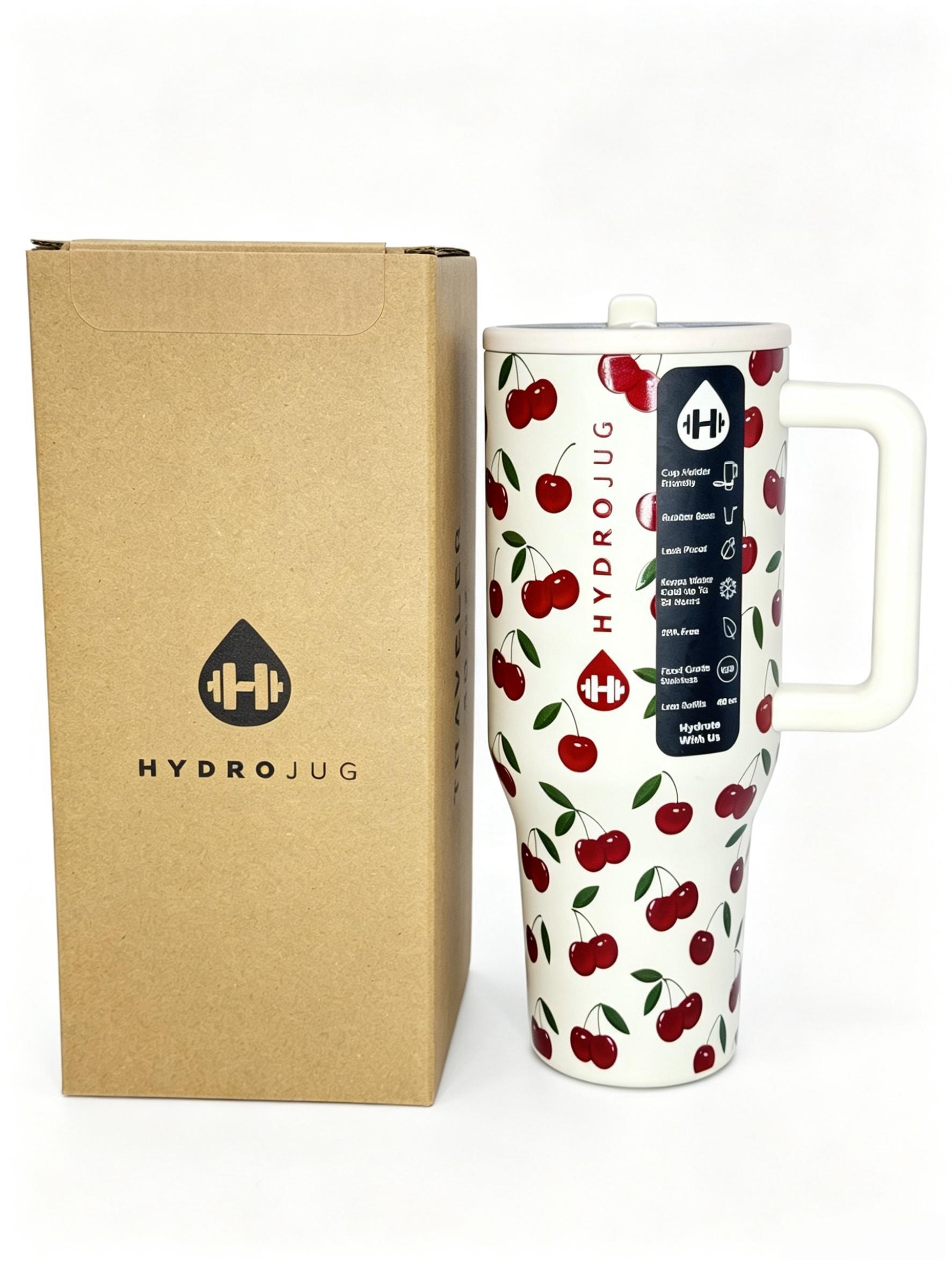 HydroJug 40oz Cherry Print Insulated Stainless Steel Tumbler, BPA-Free Leakproof Cup with Handle for Easy Carrying, 24H Cold Retention, Cup Holder Friendly, BPA-Free Sipping for Iced Coffee, Office Use, Handle Makes Carrying Easy, Travel