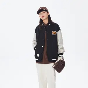 PSO Brand PU Leather Baseball Jacket with Bear Embroidery