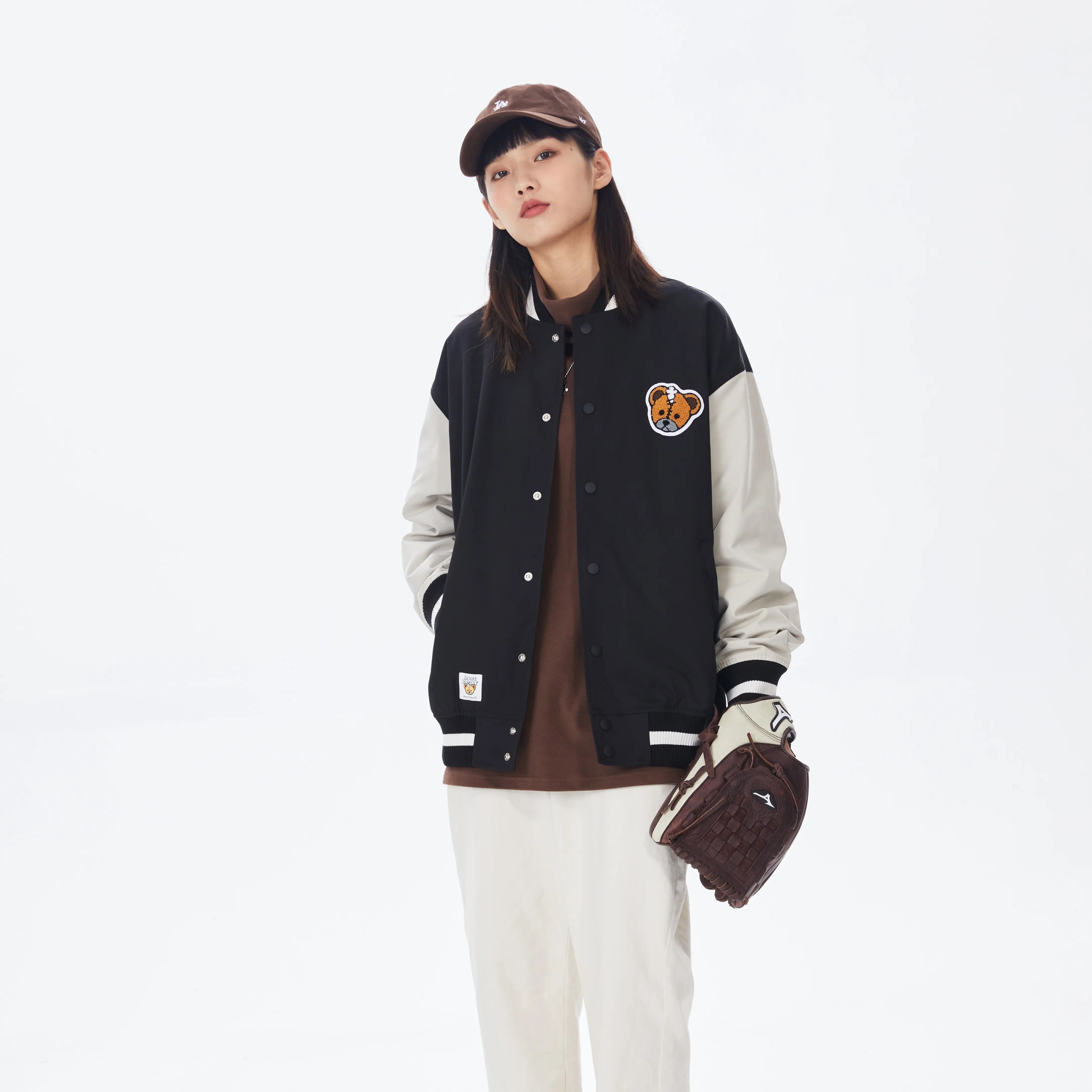 PSO Brand PU Leather Baseball Jacket with Bear Embroidery