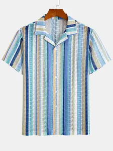Men's Cuban Collar Knitted Jacquard Striped Stretch Short Sleeve Shirt, Casual Breathable Soft Button Down, Summer Beach Top