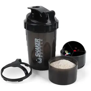 Shaker Bottle - Protein Shaker Cup with Storage Compartments - Leak-proof Workout Shake Bottles with Mixer for Smooth Mixing-500ML/16oz (PURE BLACK)