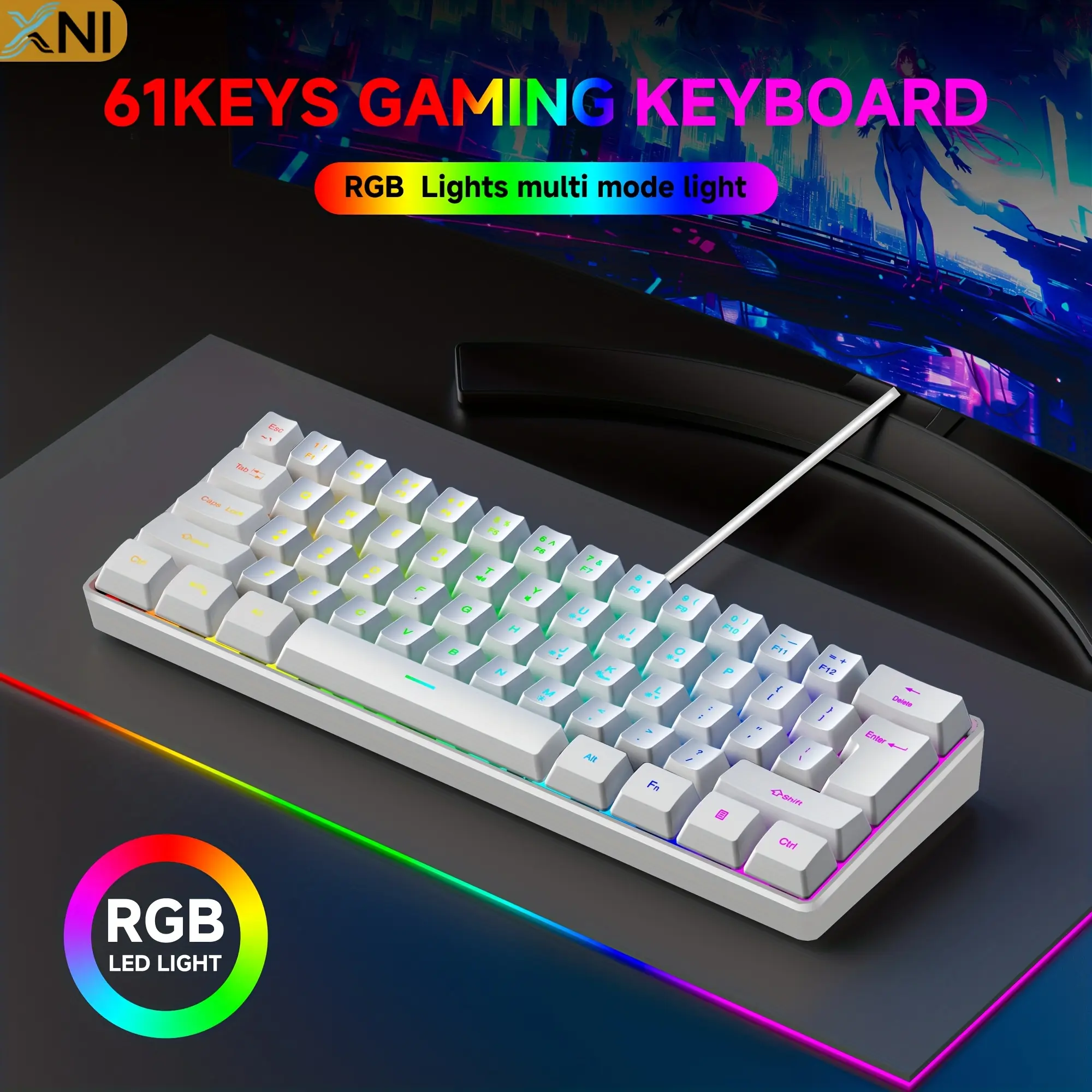 61-Key Modern White Membrane Gaming Keyboard, Ultra-Compact 60% Layout for Minimalist WFH Setup, Portable with Adjustable Feet, Quiet Office Desk Accessory for Laptops