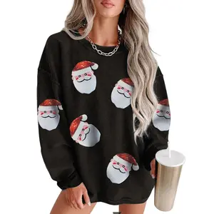 Mntaor women’s black long-sleeve graphic pullover featuring a Santa face design with red sequin appliqué—cute, casual holiday sweatshirt for an Xmas party, festive cozy outfit, winter outfit