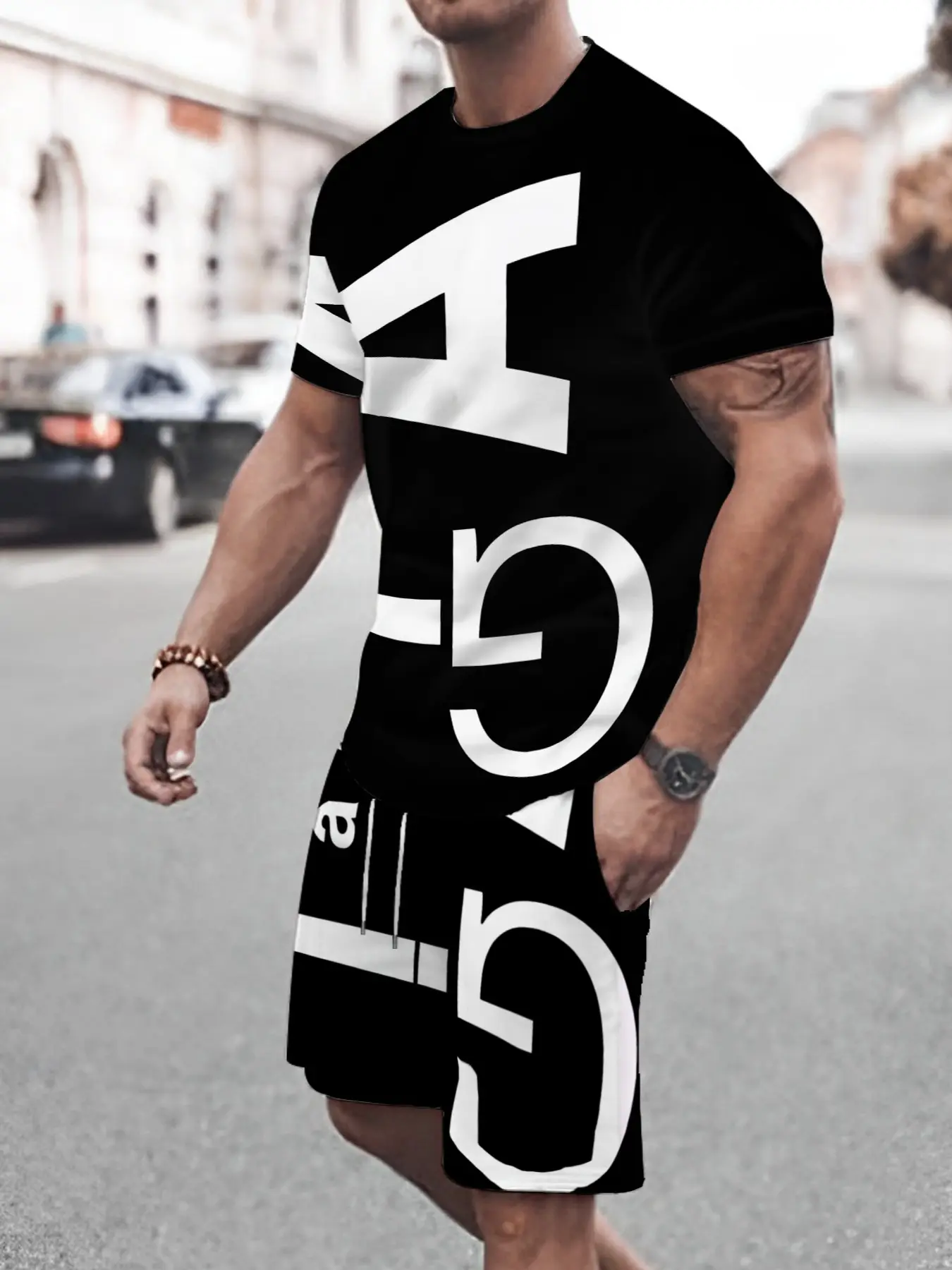 Men's Printed Short Sleeve T-Shirt + Shorts Set, Casual Sporty Style, Outdoor Leisure Wear, Summer 3D Print, Father's Day Gift, Adult Size