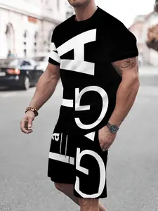 Men's Printed Short Sleeve T-Shirt + Shorts Set, Casual Sporty Style, Outdoor Leisure Wear, Summer 3D Print, Father's Day Gift, Adult Size