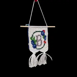 Macrame Creation Letter B Wall Hanging with Colorful Floral Design and Tassel Accents for Home Decor