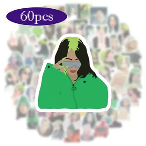 60pcs Billie Music Singer Stickers Merch Decor, Cartoon Decals for Phone Cases Laptop Skins Drumsticks, High-Gloss Vinyl Art, Waterproof Adhesive, Music Genre-Specific Collectibles
