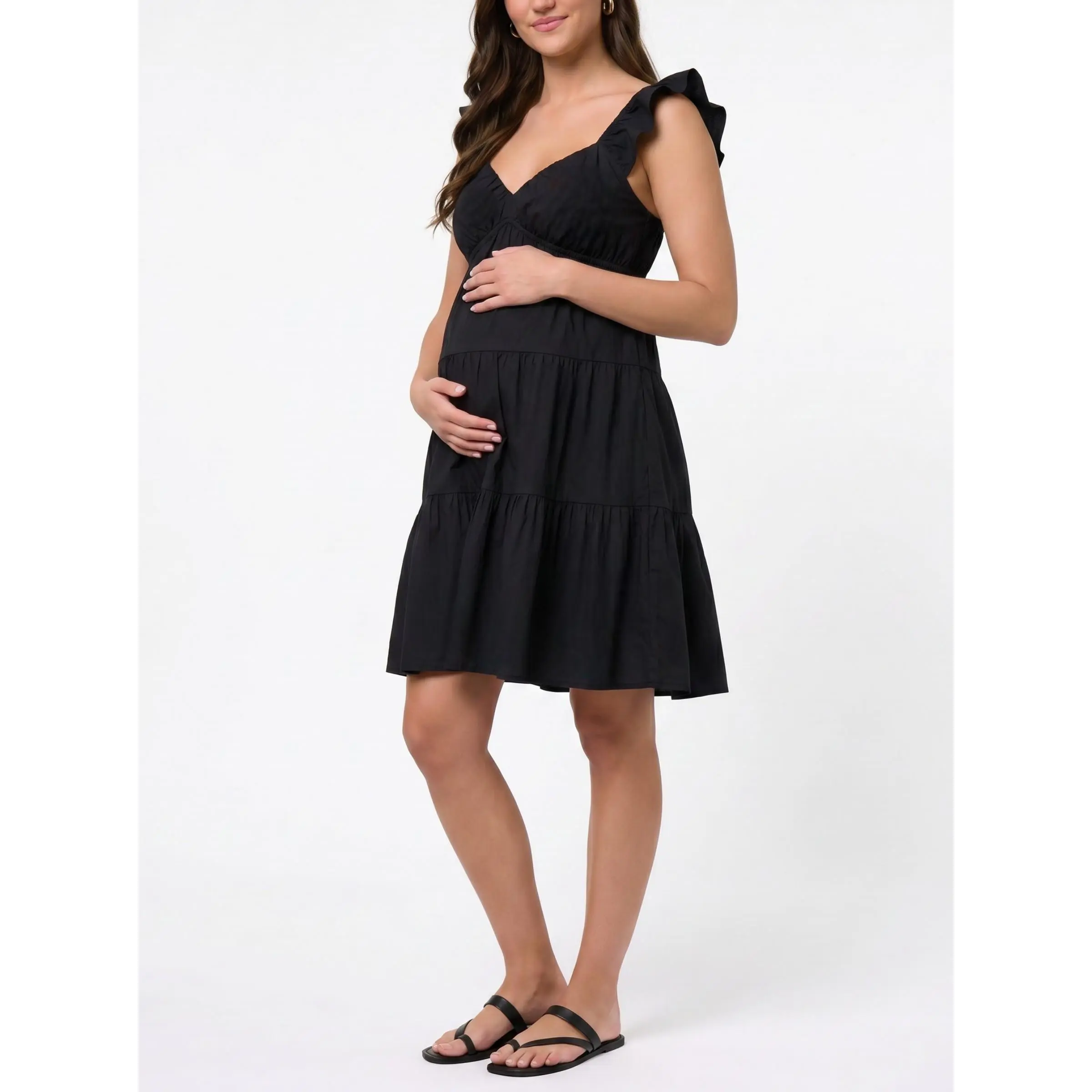 Motherhood Maternity Women's V-Neck Flutter Sleeve Tiered Mini Dress for Comfortable Pregnancy Wear