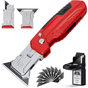 Utility Knife Scraper, 2-in-1 Folding Box Cutter with Blade Storage, Heavy Duty Zinc Alloy Body, Retractable, Black Blades replacement, EDC Tool for Home, Office, DIY– Red