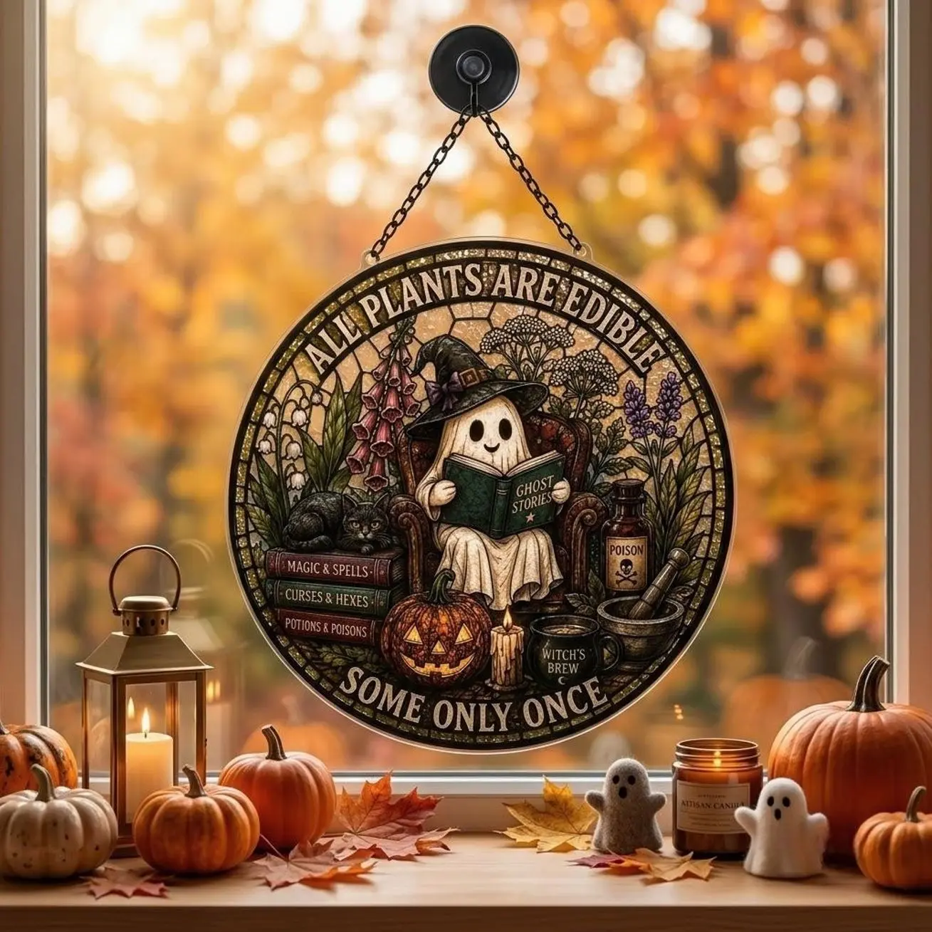 All Plants Are Edible Acrylic Suncatcher, Funny Gothic Botanical Window Hanging, Plant Lover Decor, Mushroom Skull Home Accent