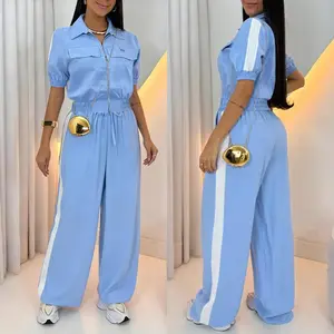 ChicMe Women's 2 Pieces Outfit Turn-down Collar Zip Up Flap Pockets Design Stretchy Hem Crop Top and Drawstring Elastic Waist Wide Leg Pants Set Casual Contrast Tape Side Set