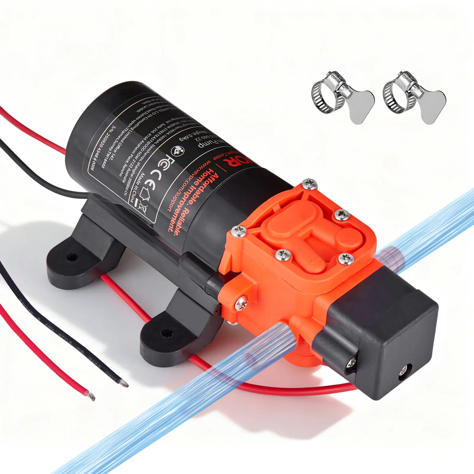 【summerfinds】VEVOR 12V DC Copper Motor Self-Priming Diaphragm Water Pump, 1.2 GPM (4.5 L/min), 80 PSI Max Pressure, 2-Chamber, Quiet Op, 10 ft Hose Clamp Set, Hose Adapter, 3/8-in Connection, for RV Irrigation System, Cooling, Durable