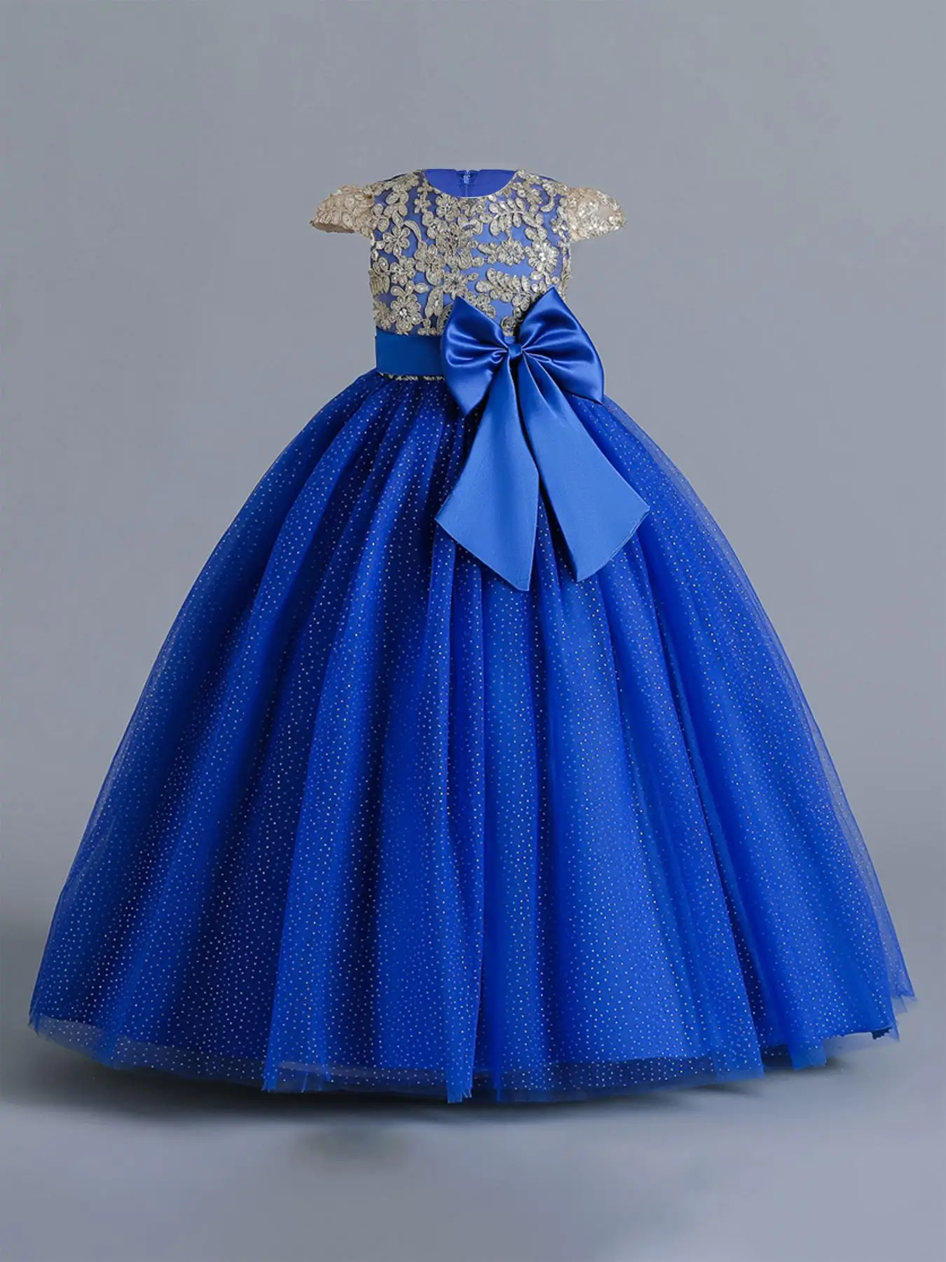 Girl's Contrast Sequin Bow Decor Tulle Party Dress, Elegant Cap Sleeve Zipper Back Fit & Flare Dress for Party, Kids Clothes for All Seasons