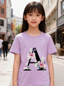 Girls' Summer Short Sleeve T-Shirt, Letter Print, Roses, Flowers, Colorful Butterflies, Round Neck, Casual Fit, Graphic Shirt, Floral Print Shirt