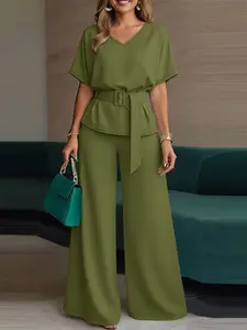 Women's Casual Solid Color Set, Short Sleeve V-Neck Hoodie with Belted Pants Design, Perfect for Daily, Travel, Commuting