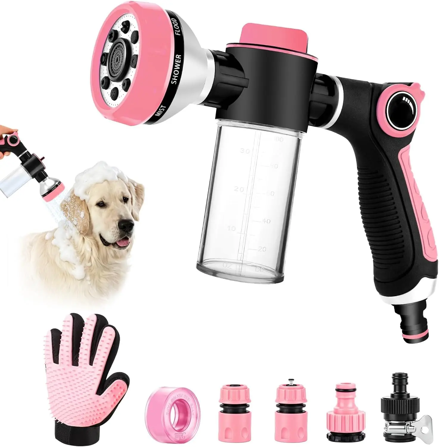 Premium Dog Washing Hose Attachment with Pet Grooming Glove, 8-in-1 Sprayer Garden Hose Nozzle with Soap Dispenser Bottle for Garden, Pet Shower and Car Wash