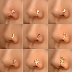 U Shaped Nose Ring 9Pcs Non Piercing Nose Clips Jewelry Copper with Zircon Stars Hearts Crowns Comfortable Eye Catching Accessories for Parties and Daily Wear`