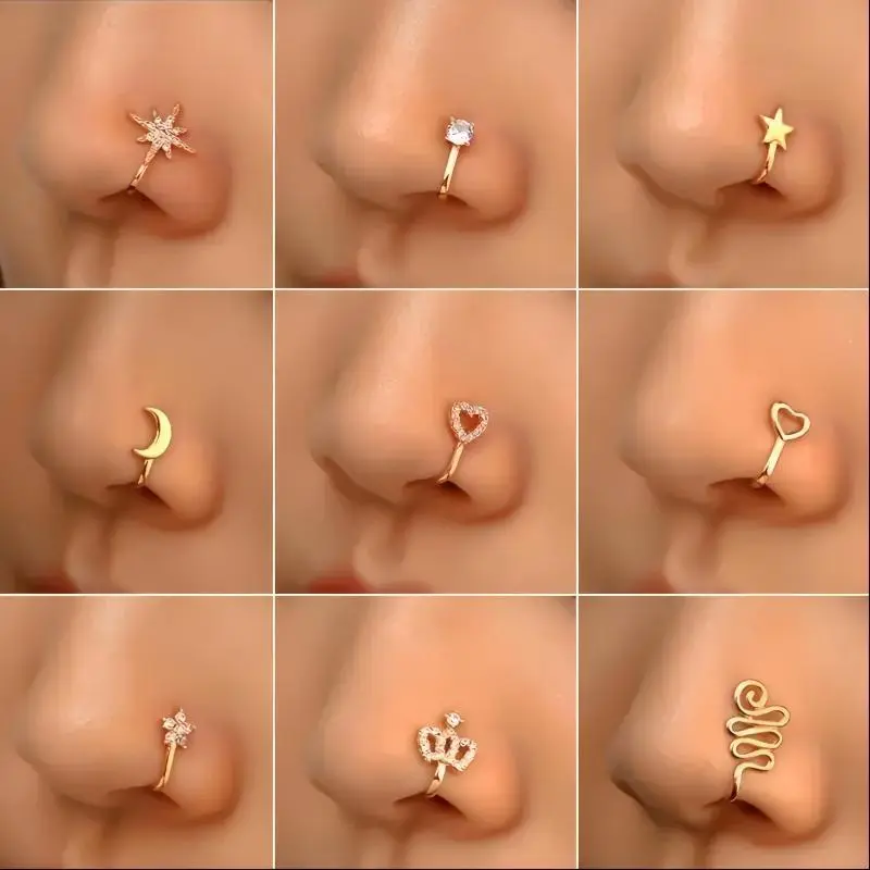 U Shaped Nose Ring 9Pcs Non Piercing Nose Clips Jewelry Copper with Zircon Stars Hearts Crowns Comfortable Eye Catching Accessories for Parties and Daily Wear`