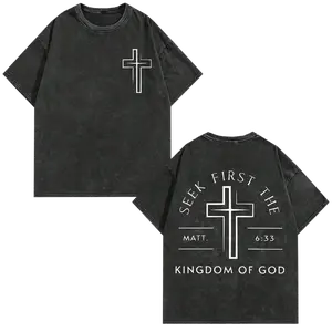 GLEC Christian Faith Graphic T-Shirt 'First Seek The Kingdom Of God' Classic Retro High Street Style Cross & Letter Print Premium 230g Washed Cotton Perfect for Summer Casual Wear Fashion Menswear Top Distressed Man Tshirt Black Round Neck Shortsleeve