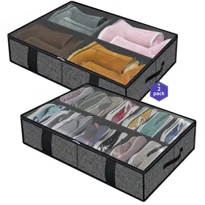 2 Pack Under Bed Shoes Storage Bag Organizer (14+4 Pairs), Collapsible Shoe Boot Container with Handles, Underbed Storage Solution for Kids & Adults, 86x60x15cm, Linen-like Black