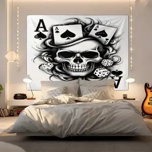 Black & White Skull & Ace Of Spades Print Tapestry, Edgy Gambling Themed Wall Hanging, Bold Gothic Tapestries, Premium Soft Tapestrys with Dice & Smoke Design, Ideal for Bedroom & Game Room Decor