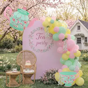 138PCS Tea Party Balloon Arch Kit Pastel Balloons, Teapot Card & Wisteria for Garden Party Decor